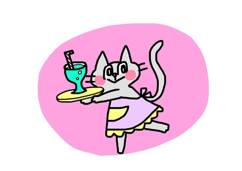 Illustration, part-time job, waitress, cat, 