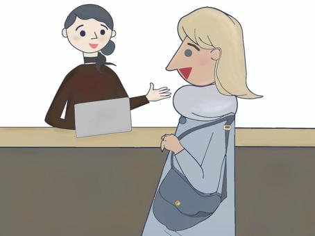 受付とグレーコートの外国人女性 ホテル,受付,フロント,女性スタッフ,案内,パソコン,接客,ビジネス,サービス業,コンシェルジュのイラスト素材