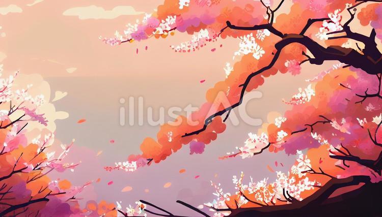 満開の桜の風景＿水彩画＿春＿ソメイヨシノ ピンク,背景,春のイラスト素材