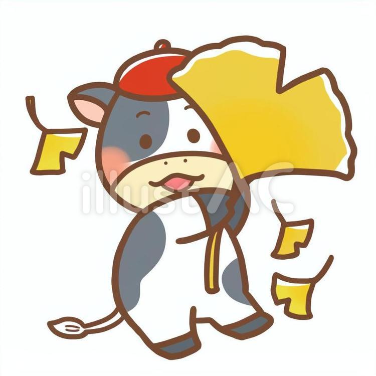 11月の牛さんカット 牛,秋,イチョウのイラスト素材