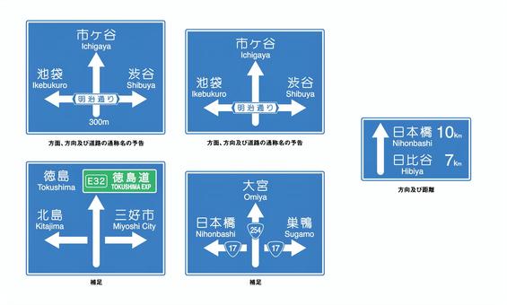 優しい色の案内標識セット4 案内,標識,池袋,市ヶ谷,渋谷,明治通り,方向,方面,通称名,予告のイラスト素材