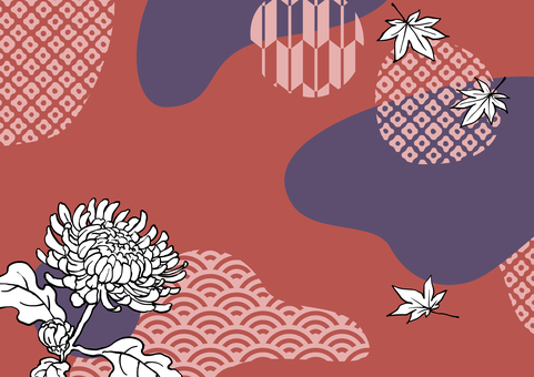 菊と紅葉の和モダン赤色背景素材 和モダン,モダン,和風,和柄,菊,モミジ,花,植物,葉,葉っぱのイラスト素材