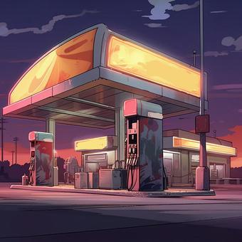 Illustration, gasoline station, night, yellow, 