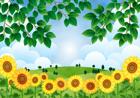 Landscape with sunflowers and leaves 1, JPG and AI Landscape with sunflowers and leaves 1, sunflower, summer, landscape, JPG and AI