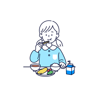 給食を食べる女の子のイラスト 人物,園児,給食,幼稚園,保育園,子ども,女の子,食事,ごはん,牛乳のイラスト素材