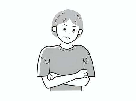 口を結び怒り眉の腕組み高齢女性／白黒 お婆さん,おばあちゃん,老女,高齢者,怒る,困る,疑問,悩み,相談,ムッのイラスト素材