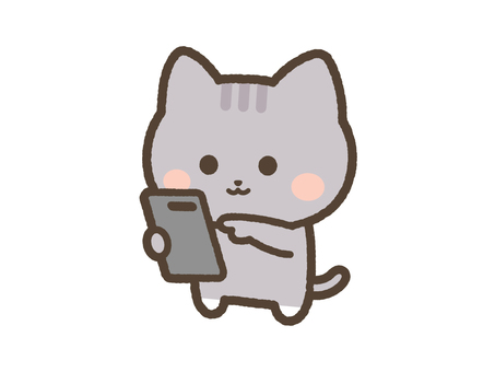 スマホを操作するねこ（サバトラ） ねこ,スマホ,操作,触る,携帯,スマートフォン,日常,表情,かわいい,ゆるいのイラスト素材