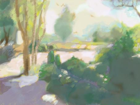 朝の公園 風景,公園,朝,朝日,手描き,リラックス,シンプル,植物,木,光のイラスト素材