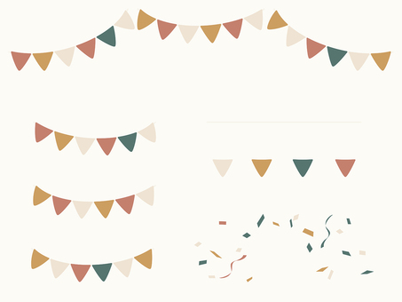 シンプル北欧風くすみ色ガーランドと紙吹雪 ガーランド,フラッグ,旗,三角旗,紙吹雪,パーティ,誕生日,バースデー,お祝い,イベントのイラスト素材