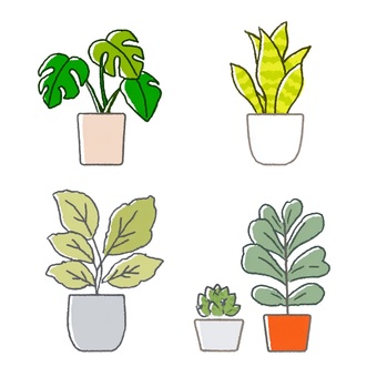 鉢植え観葉植物と多肉植物のイラストセット