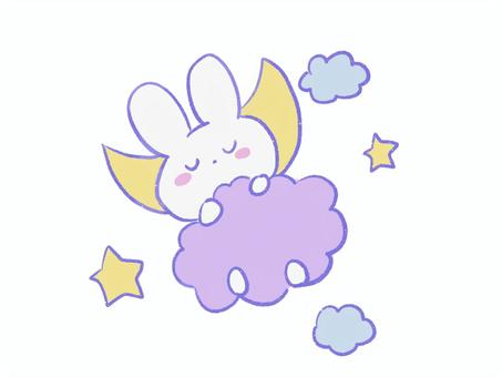 雲の布団で眠るファンシーなうさぎイラスト 睡眠,安眠,うさぎ,月,空,夜,雲,ファンシー,キャラクター,寝るのイラスト素材
