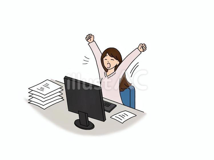 仕事中に疲れて伸びをしている女性 仕事,残業,疲れのイラスト素材