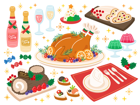 クリスマスセット3 クリスマス,セット,パーティー,料理,ターキー,食事,ディナー,ブッシュドノエル,シュトーレン,シャンパンのイラスト素材