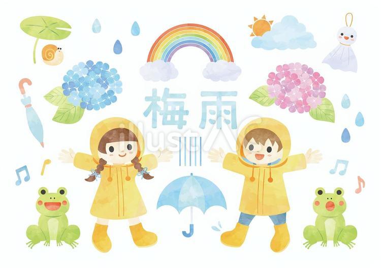 梅雨のこどもたち-水彩風 梅雨,紫陽花,あじさいのイラスト素材