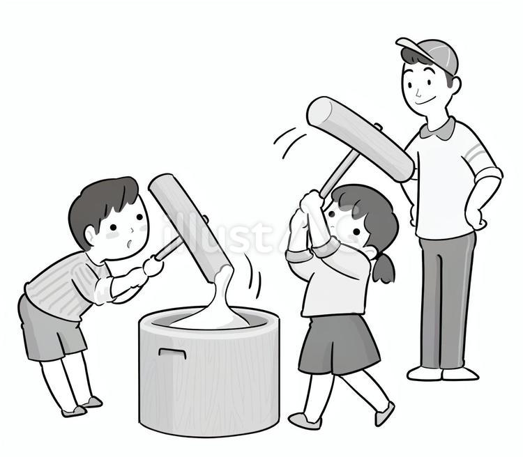 子ども餅つきと見守る大人　白黒 餅つき,子ども,小学生のイラスト素材