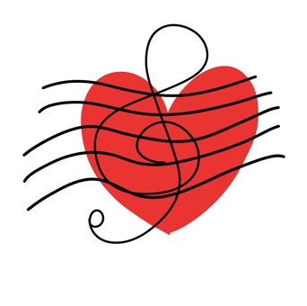 Five-line treble clef floating in the heart, design, decoration, musics, JPG