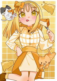 チーズケーキの女の子 女の子,擬人化,チーズ,ケーキ,黄色,猫,リボン,食べるのイラスト素材