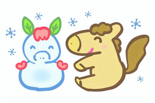 雪だるまを作るかわいい馬のイラスト 午,馬,干支,子馬,雪だるま,雪,正月,冬,年賀状素材,外のイラスト素材