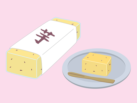 芋ようかん　１棹と１切れ　背景ピンク 芋ようかん,ようかん,和菓子,さつまいも,秋の味覚,秋,芋,旬,お菓子,スイーツのイラスト素材