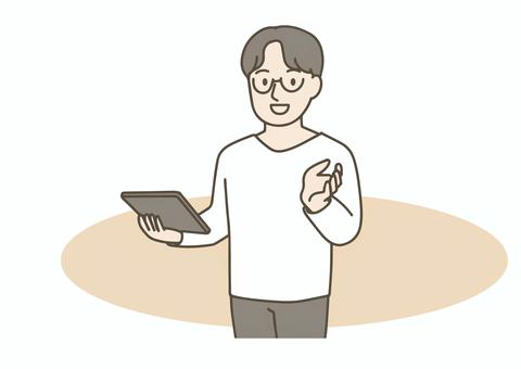 タブレットを持って説明する男性 人物,カジュアル,会社員,ビジネスマン,it,タブレット,デバイス,ガジェット,プレゼン,解説のイラスト素材