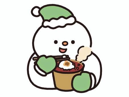 あったかおしるこを食べる緑雪だるま 雪だるま,おしるこ,ぜんざい,餅,あんこ,小豆,甘味,デザート,スイーツ,食べ物のイラスト素材