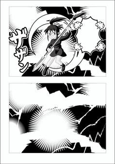 稲妻エフェクト入り漫画セット08フレーム 忍者,くノ一,漫画背景,稲妻,漫画素材,擬音,ザザン,白黒イラスト,和風キャラクター,戦闘シーンのイラスト素材
