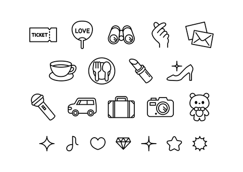 線画-アイコンセット-1 趣味,チケット,うちわ,ライブ,双眼鏡,オペラグラス,指ハート,手,手紙,レターセットのイラスト素材