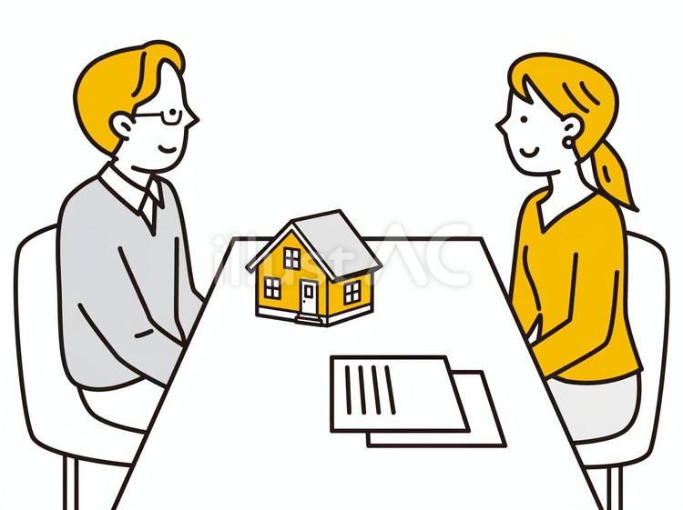 家の模型を前に話し合う男性と女性 会話,相談,家のイラスト素材