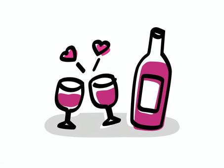 赤ワインで乾杯_色ズレゆるい絵 赤ワインで乾杯_色ズレゆるい絵 赤,ワイン,グラス,ボトル,乾杯,ふたり,ハート,手書き,手描き,ゆるいのイラスト素材