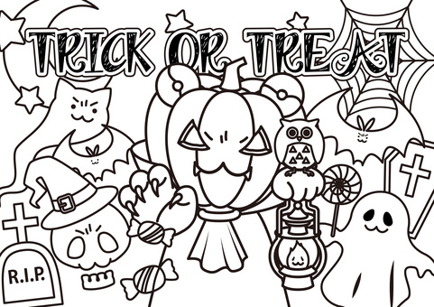 ハロウィンぬりえ ハロウィン,ぬりえ,トリックオアトリート,かぼちゃ,ジャックオーランタン,おばけ,コウモリ,ねこ,ガイコツ,棺桶のイラスト素材