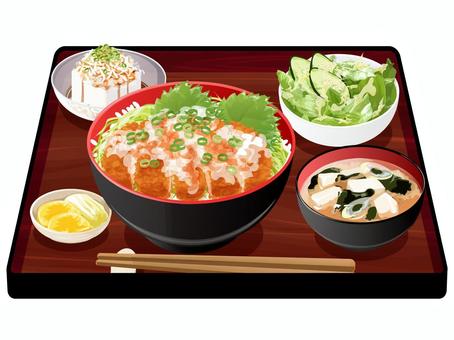 みぞれカツ丼定食 みぞれカツ丼,カツ丼,定食,料理,食べ物,丼物,とんかつ,大根おろし,味噌汁,ネギのイラスト素材