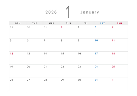 A4対応：カレンダー 月曜始まり（A2作 1月,january,jan.,2026,2026年,a4印刷,印刷用,カレンダー,マンスリー,月曜始まりのイラスト素材
