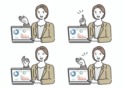 パソコンの画面を見せる女性　グラフ パソコン,仕事,ビジネス,女性,ビジネスウーマン,スーツ,グラフ,サラリーマン,営業,ビジネスマンのイラスト素材
