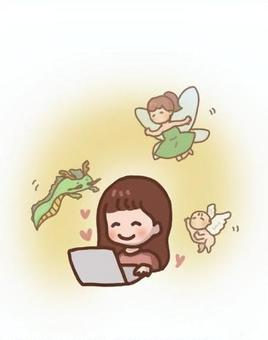 守護霊に守られている女の子（PC操作中） 守護霊,妖精,天使,龍,女の子,仕事のイラスト素材