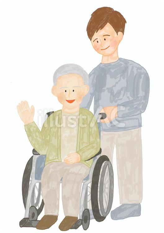 車椅子の高齢者男性と介助する家族／水彩 車椅子,高齢者,介助のイラスト素材