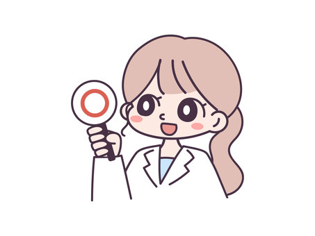 正解の札を挙げる白衣の女の子のイラスト 正解,クイズ,問題,〇,合格,白衣,先生,医者,薬剤師,理系のイラスト素材