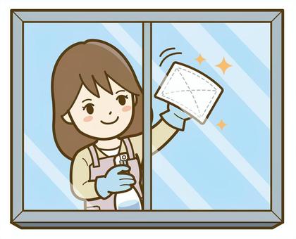 窓ふきをする女性_25 掃除,女性,大掃除,窓ふき,清掃,家事,片付け,エプロン,ぞうきん,雑巾のイラスト素材