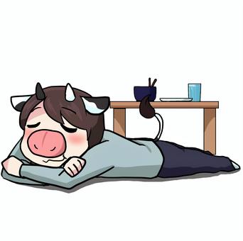 牛になる男性 人物,生活,全身,男性,食後,寝る,牛,怠ける,素材のイラスト素材