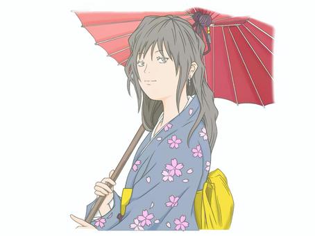 和傘をさす和風の着物の女性(桜柄) 着物,傘,和風,日本風,淑やか,和傘,萌え系,女性,手書き,可愛いのイラスト素材