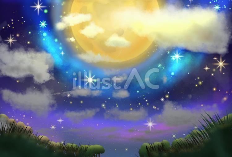 満月の森の幻想的な風景画＊夜空の景色壁紙 満月,お月様,月のイラスト素材