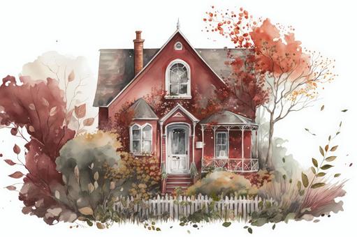 cute watercolor red house, , JPG