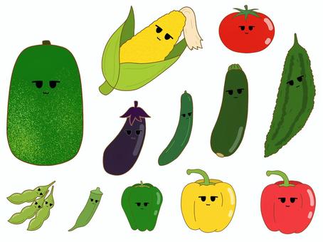 ジト目の夏野菜アイコンセット 野菜,夏野菜,顔,かわいい,アイコン,ジト目,シンプル,手描き,ベタ塗り,キャラクターのイラスト素材