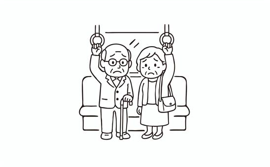 電車で立っているシニアの夫婦 人物,シニア,電車,困り顔,席,疲労,優先席,吊り革,おじいちゃん,おばあちゃんのイラスト素材