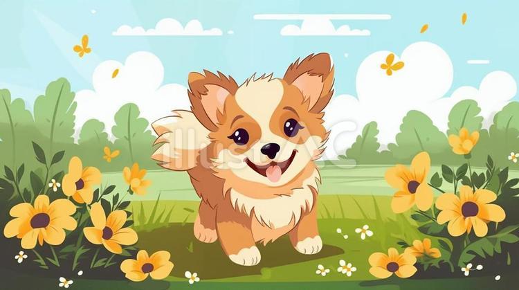 可愛い子犬ちゃんと花畑 子犬,花,かわいいのイラスト素材