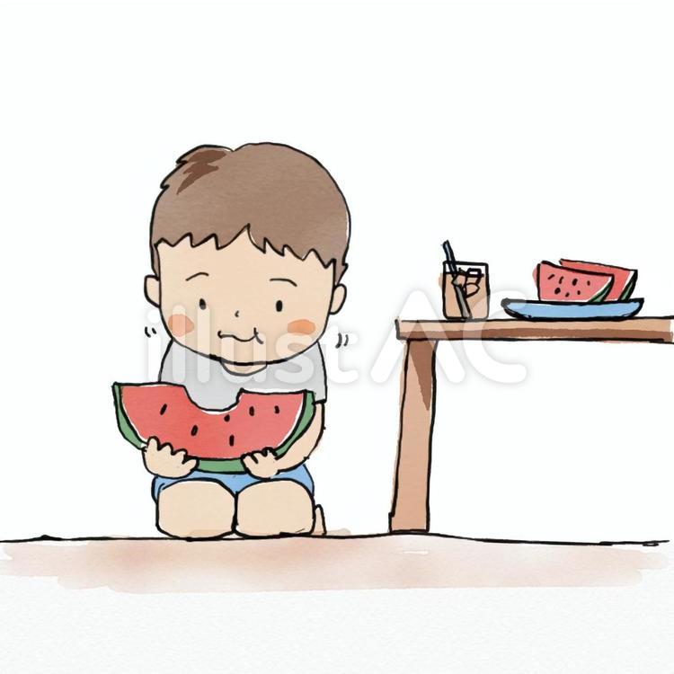 西瓜を食べる男の子 夏,西瓜,夏休みのイラスト素材