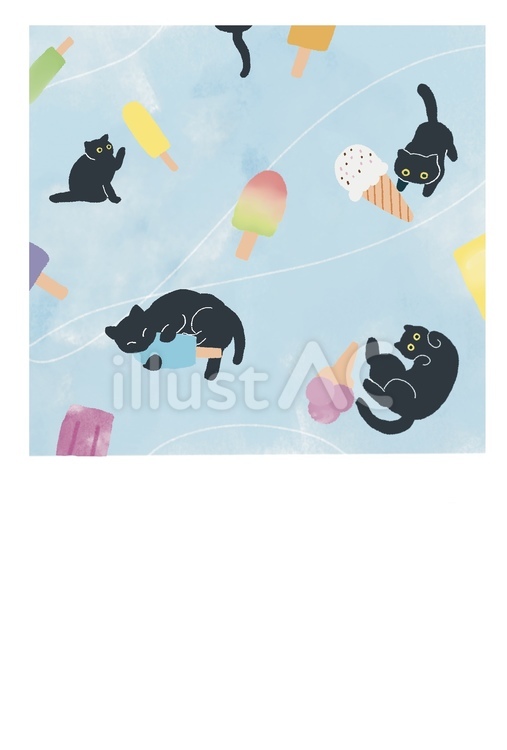暑中見舞い_猫とアイス 暑中見舞い,残暑見舞い,ハガキのイラスト素材