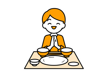 食事・ごちそうさまをする子ども01 人物,子ども,児童,園児,小学生,食事,ランチ,給食,定食,お椀のイラスト素材