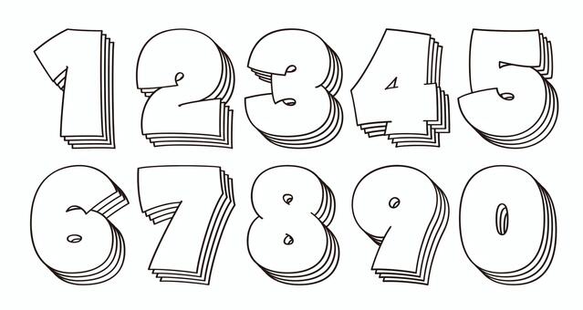 オリジナル数字セットJ　多重影 斜め 数字,フォント,オリジナル,文字,太文字,極太,ボールド,フチ,袋文字,細線のイラスト素材