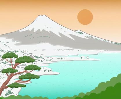 富士と太陽と海と松の見える景色 富士,海,太陽,松,景色,雪のイラスト素材