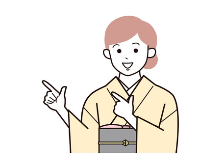 両手指差しアピール着物女性A左向／カラー 両手,指差し,アピール,女性,お母さん,着物,講師,20代,30代,40代のイラスト素材